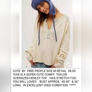 Free People Cream and Blue Oversized Raglan Blouse